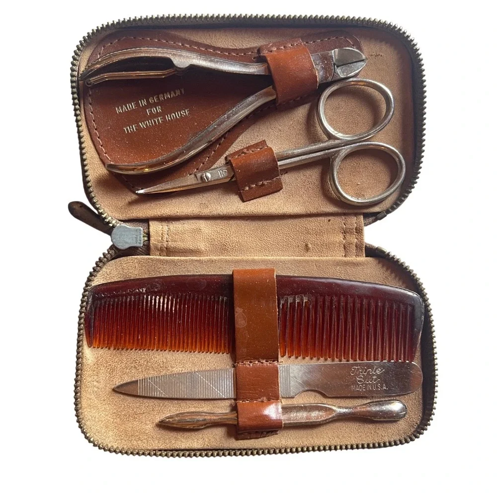 Vintage White House Grooming Kit Made in Germany Brown Leather Zipper Case Set
